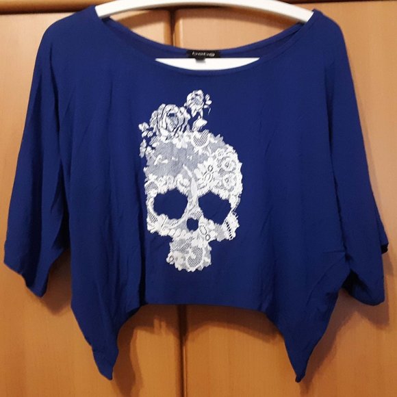BEBE Blue Crop Top with white lace scull print, Size M/L, used - Picture 2 of 6